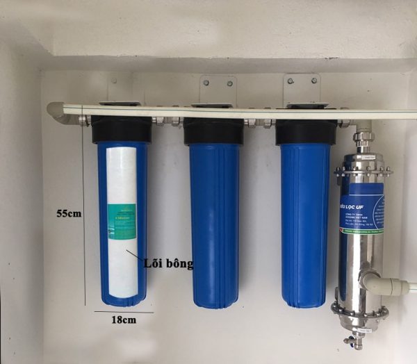 Hệ thống lọc nước sinh hoạt 1m3/ giờ sử dụng ở chung cư với 3 cột lọc thô với một cột lọc tinh