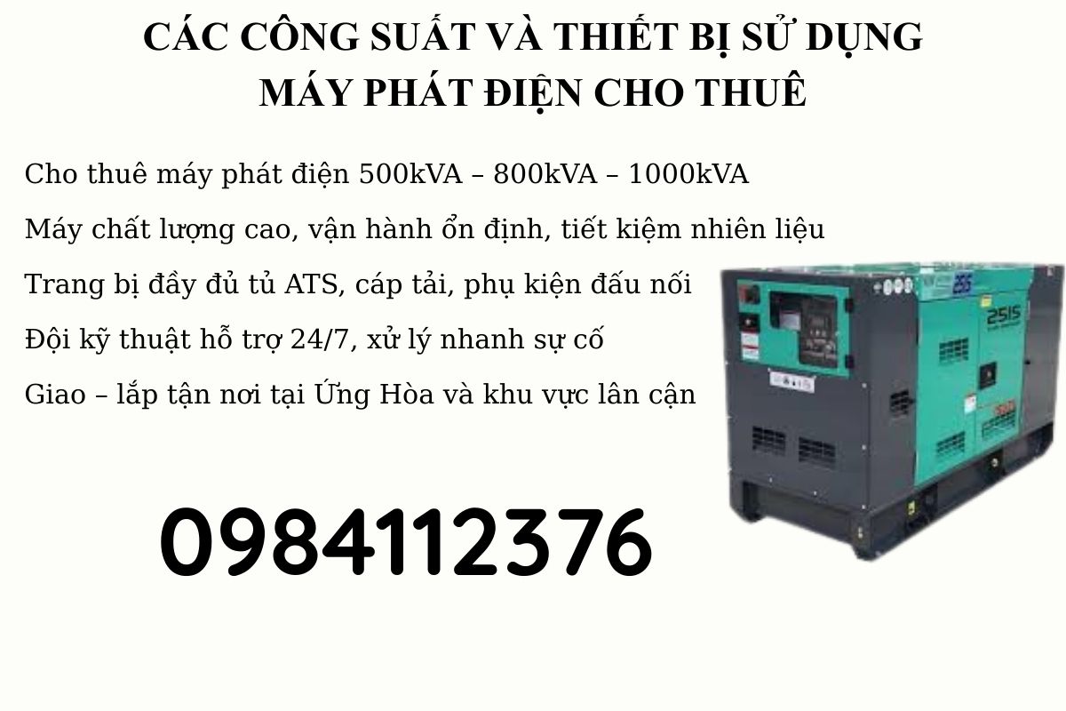 Thuê máy phát điện 500kVA 800kVA 1000kVA Ứng Hòa